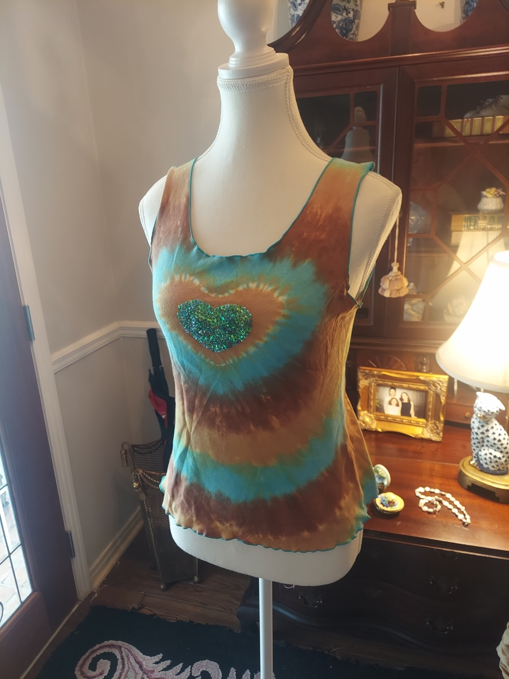 Women's Tie-Dye Tank Top with Glitter Heart - Brown & Teal